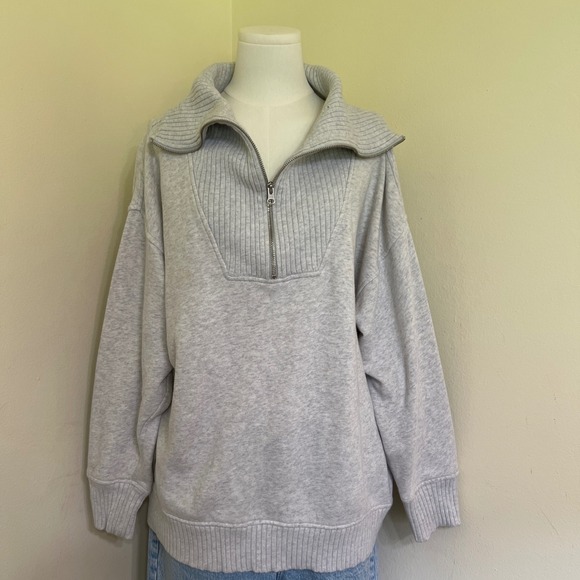aerie Tops - Aerie Womens Quarter Zip Sweatshirt Light Gray Heather Ribbed Trim Size Medium